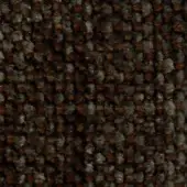 Looped pile fabric texture, reddish-brown and gray tones, mottled with dark fibers, short compressed loops, durable utilitarian surface, sample identification.